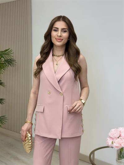 Yeleği Gold Düğmeli Takım Pudra