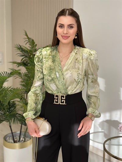 Yeşil Çiçek Desenli İpek Krep Bodysuit