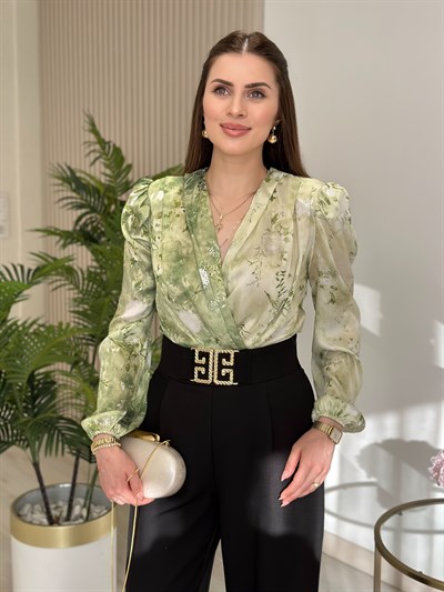 Yeşil Çiçek Desenli İpek Krep Bodysuit