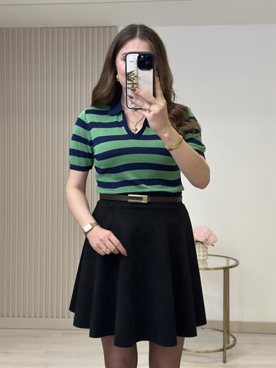 Yeşil Çizgili Polo Yaka Merserize Triko