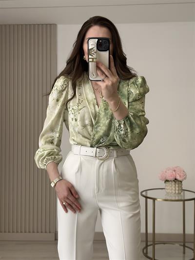 Yeşil Desenli İpek Krep Bodysuit