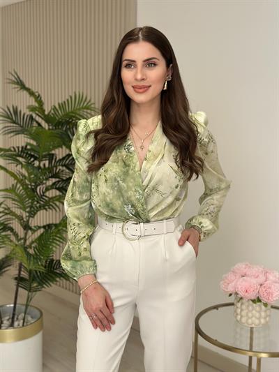 Yeşil Desenli İpek Krep Bodysuit