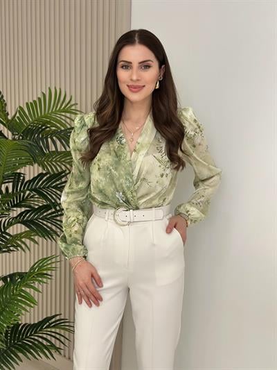 Yeşil Desenli İpek Krep Bodysuit