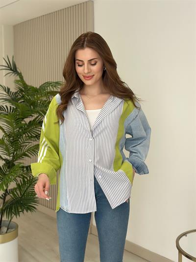 Yeşil Geçişli Jean Detaylı Tasarım Gömlek