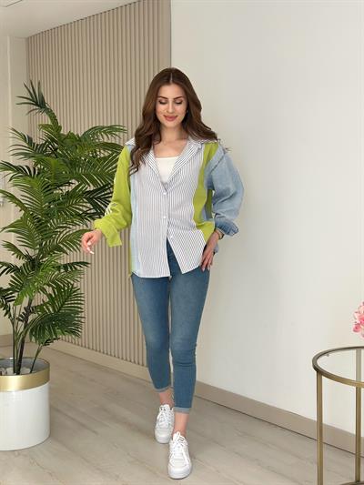 Yeşil Geçişli Jean Detaylı Tasarım Gömlek
