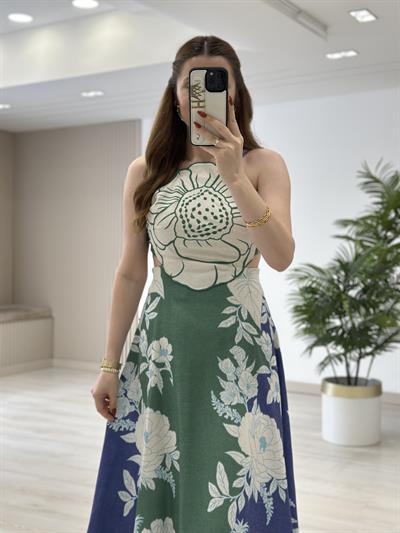 Yeşil Nakışlı Sırt Detaylı Keten Elbise 