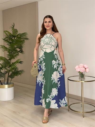 Yeşil Nakışlı Sırt Detaylı Keten Elbise 