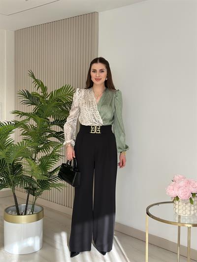 Yeşil Puantiye Desenli İpek Krep Bodysuit