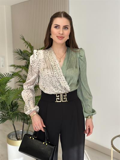Yeşil Puantiye Desenli İpek Krep Bodysuit