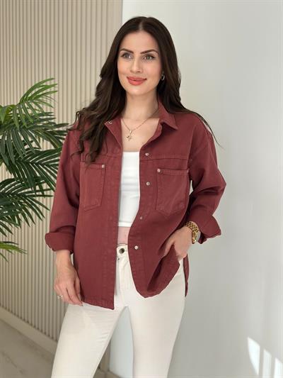 Yıkama Gabardin Cepli Gömlek Kiremit