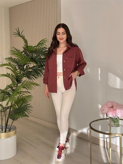 Yıkama Gabardin Cepli Gömlek Kiremit