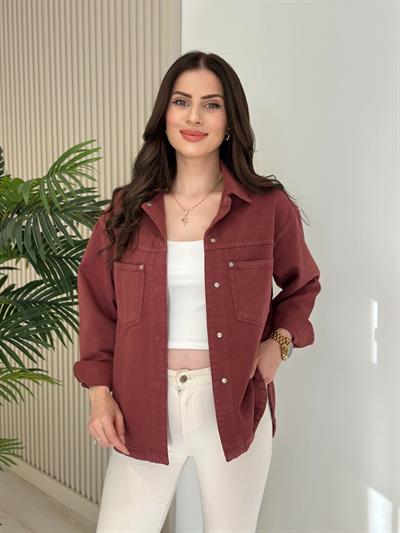 Yıkama Gabardin Cepli Gömlek Kiremit