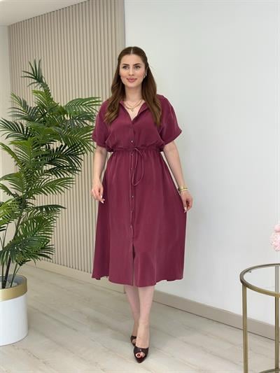 Yıkamalı Tensel Kumaş Beli Bağcık Detaylı Elbise Bordo
