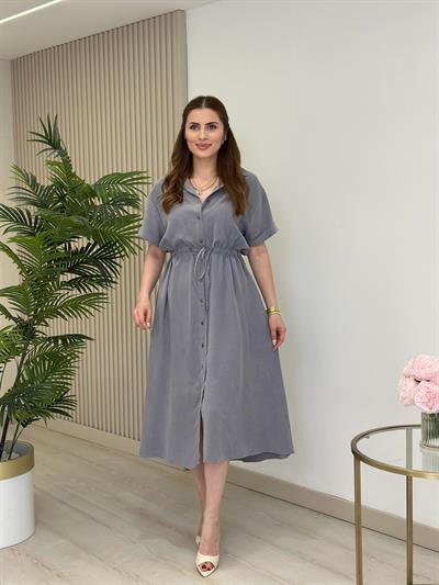 Yıkamalı Tensel Kumaş Beli Bağcık Detaylı Elbise Gri