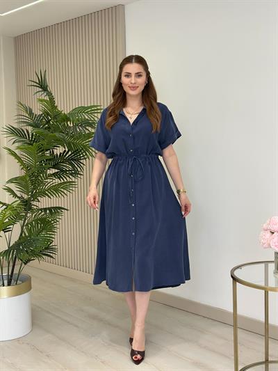 Yıkamalı Tensel Kumaş Beli Bağcık Detaylı Elbise Lacivert