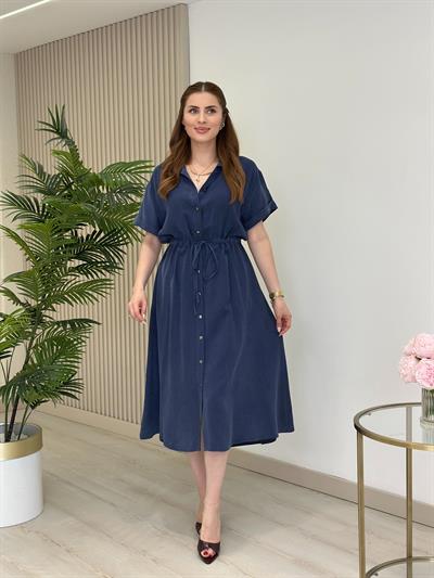 Yıkamalı Tensel Kumaş Beli Bağcık Detaylı Elbise Lacivert