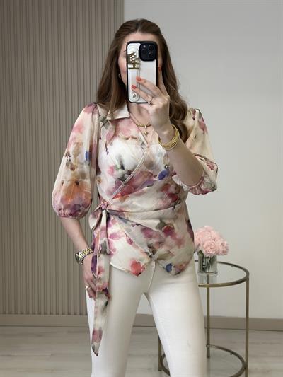 Yoryo Şifon Sim Detaylı Bağlamalı Bluz Renkli Desenli