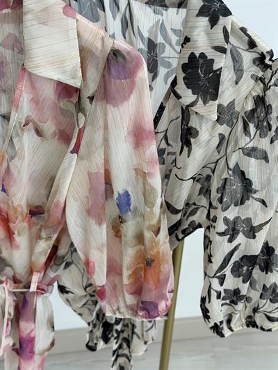 Yoryo Şifon Sim Detaylı Bağlamalı Bluz Siyah Desenli