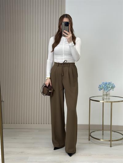 Yüksek Bel Beli Lastikli Palazzo Pantolon Haki
