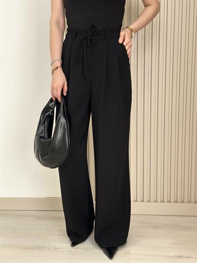 Yüksek Bel Beli Lastikli Palazzo Pantolon Siyah