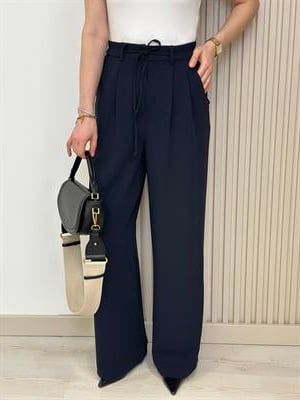Yüksek Bel Beli Lastikli Palazzo Pantolon Lacivert