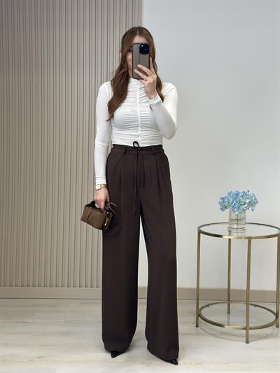 Yüksek Bel Beli Lastikli Palazzo Pantolon Kahve