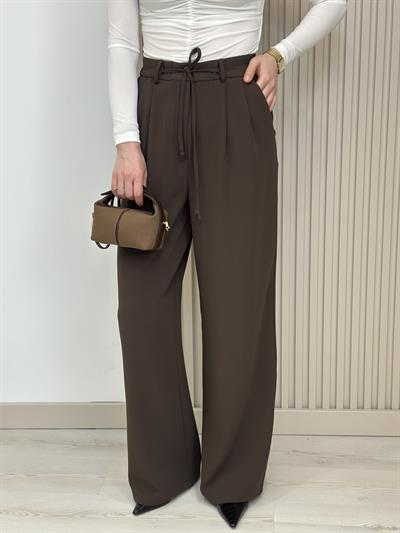 Yüksek Bel Beli Lastikli Palazzo Pantolon Kahve