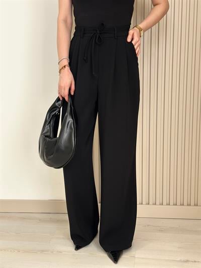 Yüksek Bel Beli Lastikli Palazzo Pantolon Siyah