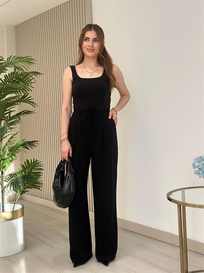 Yüksek Bel Beli Lastikli Palazzo Pantolon Siyah