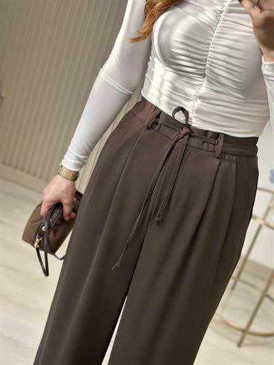 Yüksek Bel Beli Lastikli Palazzo Pantolon Kahve