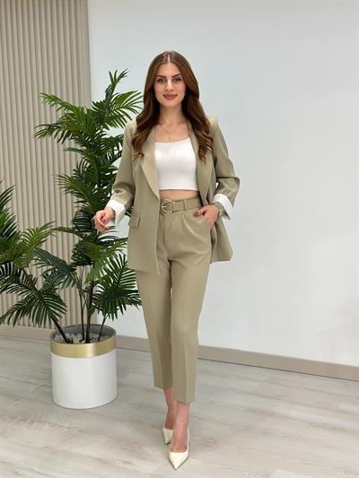 Yüksek Bel Kemerli Atlas Kumaş Pantolon Açık Haki