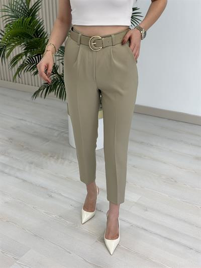 Yüksek Bel Kemerli Atlas Kumaş Pantolon Açık Haki