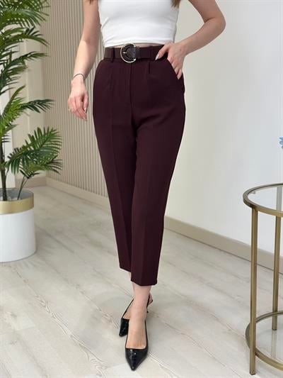 Yüksek Bel Kemerli Atlas Kumaş Pantolon Mürdüm