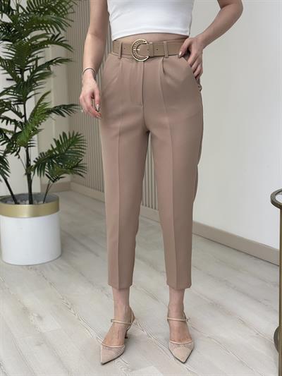 Yüksek Bel Kemerli Atlas Kumaş Pantolon Camel
