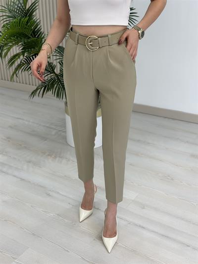Yüksek Bel Kemerli Atlas Kumaş Pantolon Açık Haki
