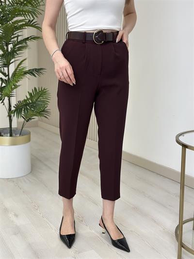 Yüksek Bel Kemerli Atlas Kumaş Pantolon Mürdüm