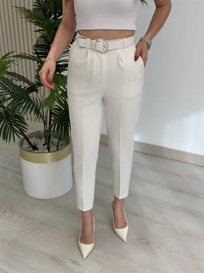 Yüksek Bel Kemerli Atlas Kumaş Pantolon Beyaz