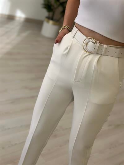 Yüksek Bel Kemerli Atlas Kumaş Pantolon Beyaz