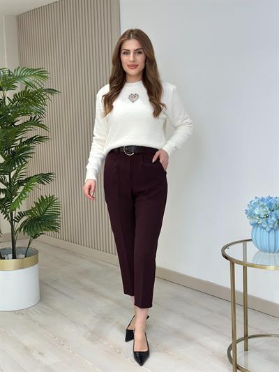 Yüksek Bel Kemerli Atlas Kumaş Pantolon Mürdüm