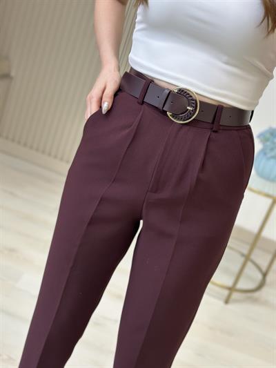 Yüksek Bel Kemerli Atlas Kumaş Pantolon Mürdüm