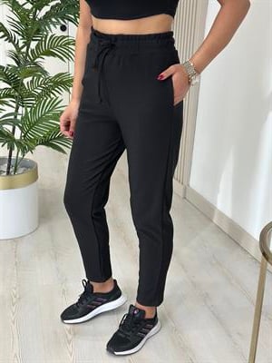 Yüksek Bel Likralı Fitilli Eşofman Altı Siyah