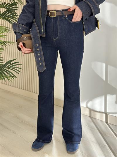 Yüksek Bel Likralı Lacivert İspanyol Paça Jean