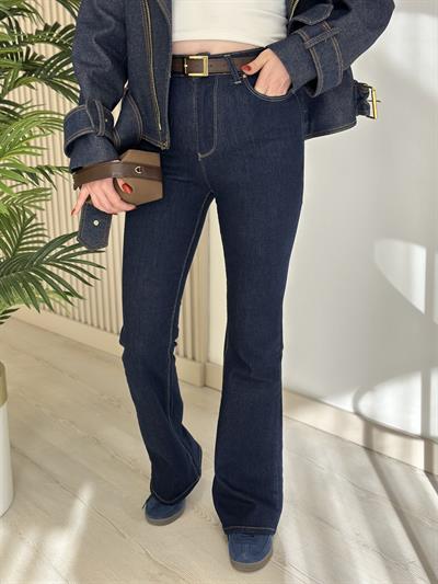 Yüksek Bel Likralı Lacivert İspanyol Paça Jean