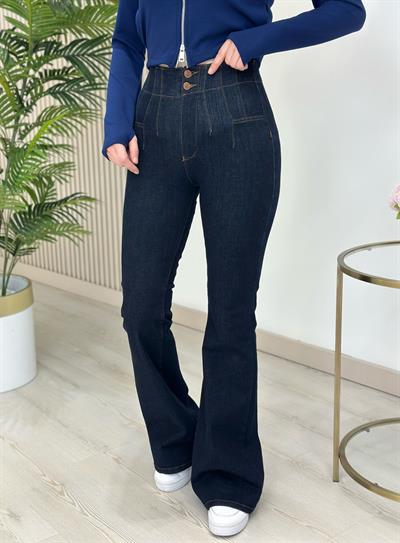 Yüksek Bel Likralı Pensli İspanyol Paça Jean Lacivert
