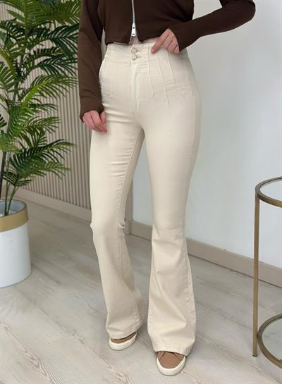 Yüksek Bel Likralı Pensli İspanyol Paça Jean Bej