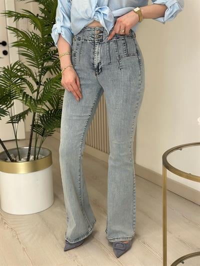 Yüksek Bel Likralı Pensli İspanyol Paça Jean Buz Mavi