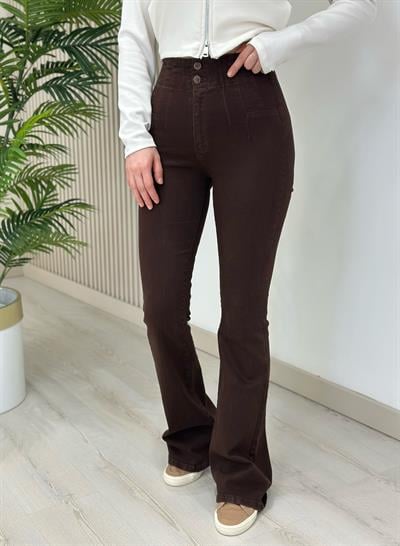 Yüksek Bel Likralı Pensli İspanyol Paça Jean Kahve