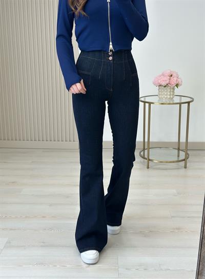 Yüksek Bel Likralı Pensli İspanyol Paça Jean Lacivert