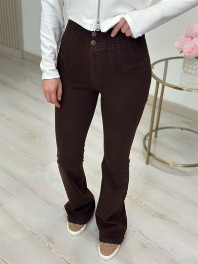 Yüksek Bel Likralı Pensli İspanyol Paça Jean Kahve