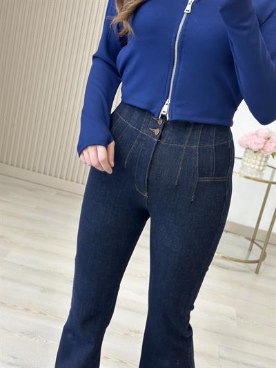 Yüksek Bel Likralı Pensli İspanyol Paça Jean Lacivert